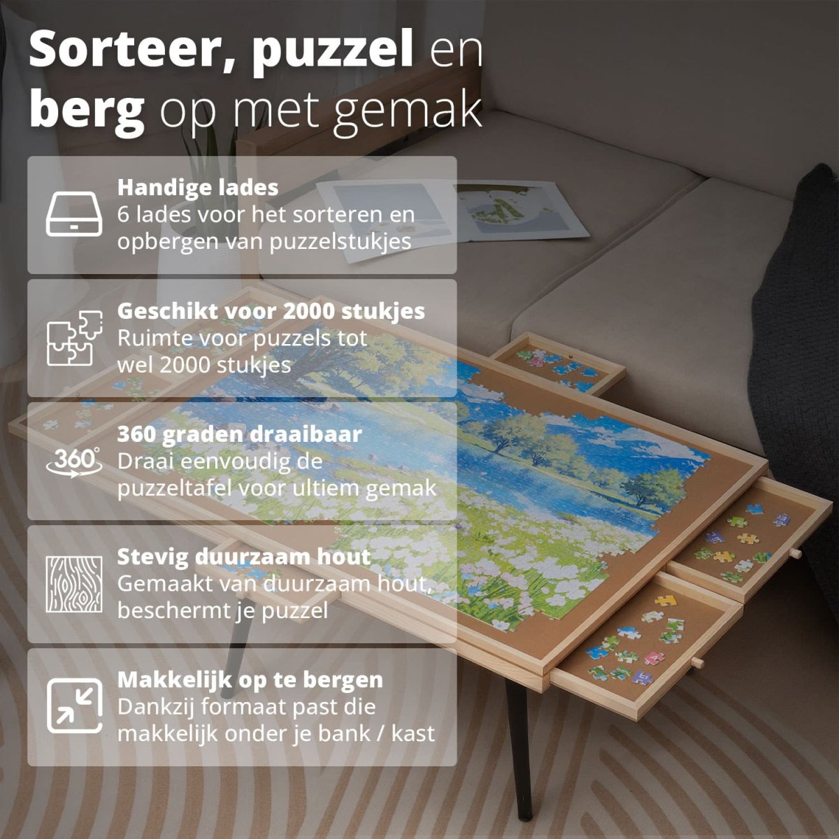 FlinQ Draaibaar Puzzeltafel met Opbergsysteem - Afbeelding 3