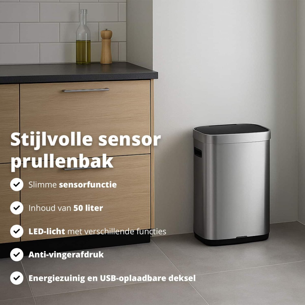 FlinQ Oplaadbare Sensor Prullenbak Mira 50L - Afbeelding 3