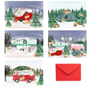 Setje 5 kerstkaarten kamperen – serie ‘Gezellig’